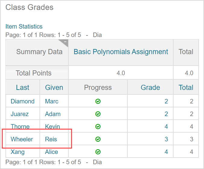 Student names in the results table can be clicked.